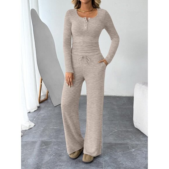 Women's Lounge Set Cotton Blend Large Casual Wide Leg Sweater Pants - Picture 5 of 6